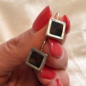 Silver/ brown stone square earrings